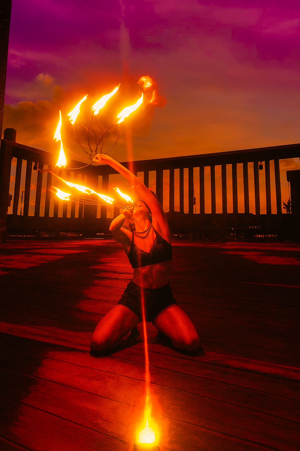 Silhouette of a dancer at sunset on a deck with a subtle tiki bar glow